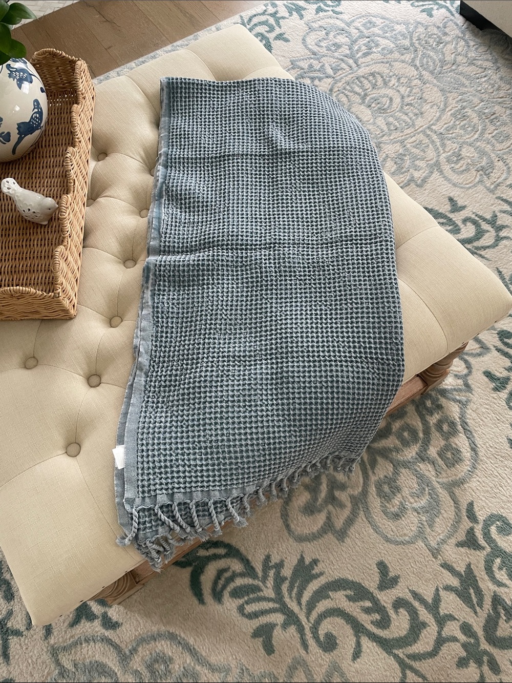 Soft Waffle Weave Beach Towel in Light Blue with Fringe